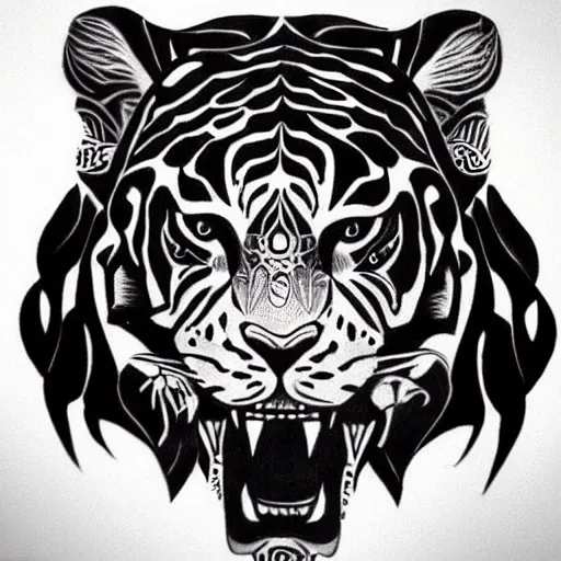 Image similar to tattoo design of a face of a beautiful girl wearing a tiger head hat, hyper detailed