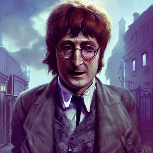 Image similar to john lennon as jack the ripper, ultra realistic, concept art, intricate details, highly detailed, photorealistic, octane render, 8 k, unreal engine, art by frank frazetta, simon bisley, brom