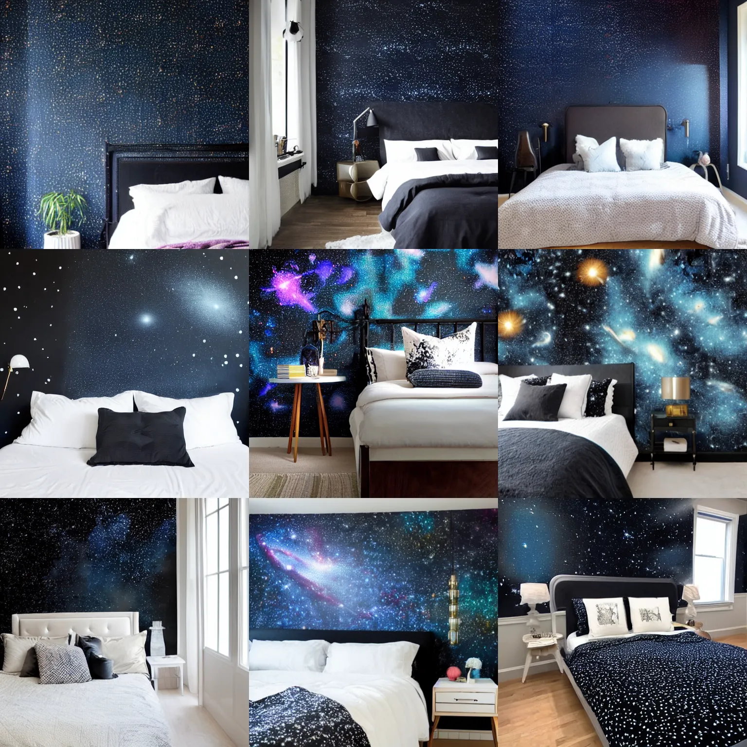 Prompt: A bedroom, with black wallpaper painted with galaxies