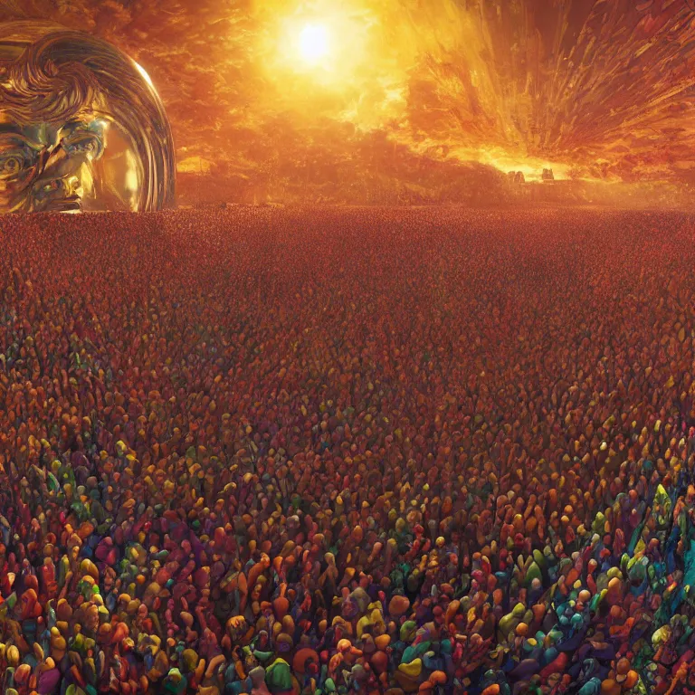 Prompt: wide angle octane render by wayne barlow and carlo crivelli and glenn fabry, a giant massive huge shining reflective golden screaming angry head surrounded by a giant huge massive crowd of people wrapped in colorful patterned blankets, goldenhour lighting, cinema 4 d, ray traced lighting, very short depth of field, bokeh