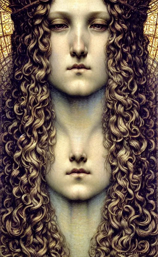 Image similar to detailed realistic beautiful young medieval queen face portrait by jean delville, gustave dore and marco mazzoni, art nouveau, symbolist, visionary, gothic, pre - raphaelite. horizontal symmetry