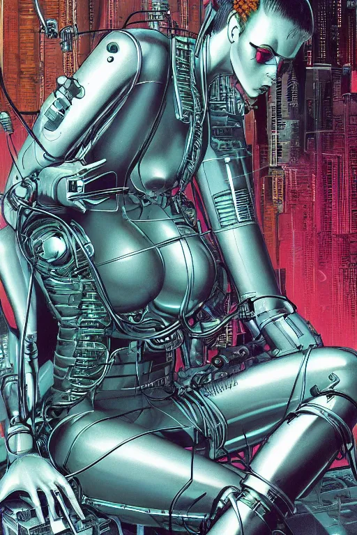 Image similar to a detailed airbrush cyberpunk illustration of a female android seated on the floor in a tech labor, seen from the side with her body open showing cables and wires coming out, by masamune shirow, hajime sorayama, boris vallejo and katsuhiro otomo, japan, 1980s, dark, colorful