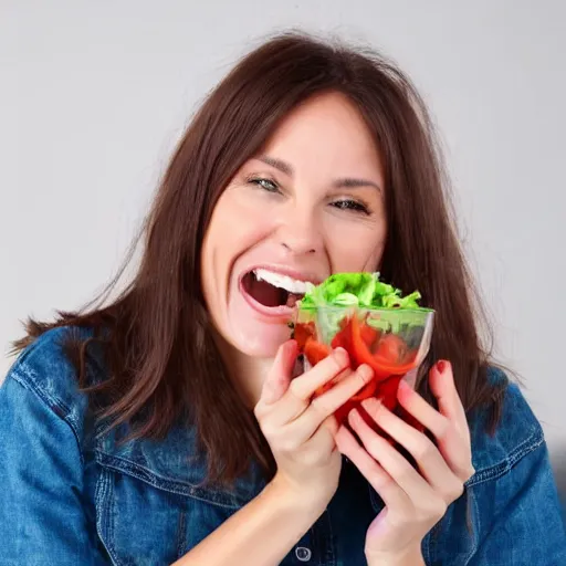 Prompt: happy woman eating salad, stock photograph, studio lighting, 4k