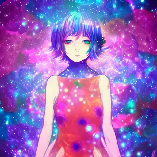 Prompt: psychedelic, whimsical, anime, 4k, beautiful intimate woman with professional makeup, long trippy hair, a crystal and flower dress, bathing in a reflective pond, underneath the stars, rainbow fireflies, trending on patreon, deviantart, twitter, artstation, volumetric lighting, heavy contrast, art style of Ross Tran and Ilya Kuvshinov