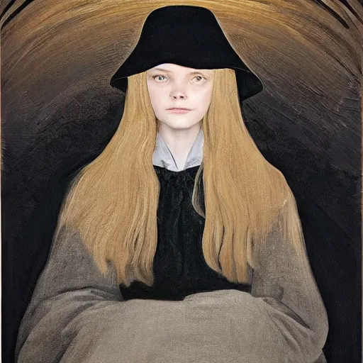 Prompt: Elle Fanning in a black coat, religious masterpiece portrait, oil on canvas, golden hour, in the world of Andrew Wyeth and Bloodborne, artstation, by Jean Giraud Moebius,