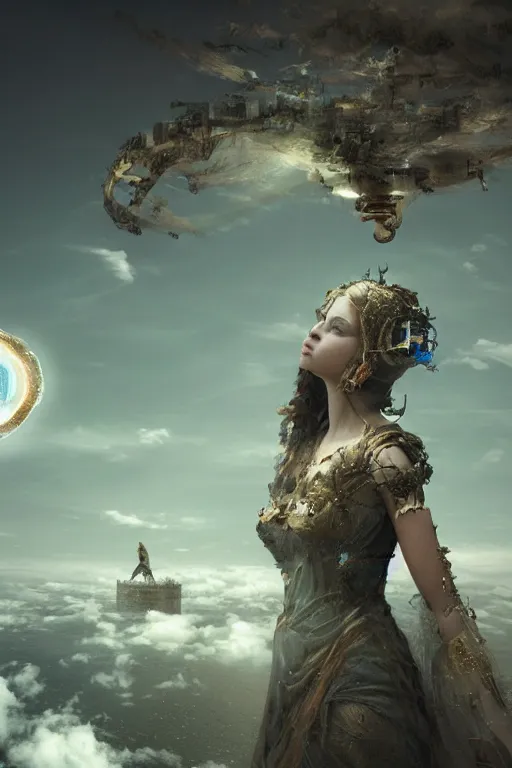 Image similar to godess of artificial intelligence floating above a continent, sharp focus, by rozalski, cinematic, cinematic shot, megalophobia
