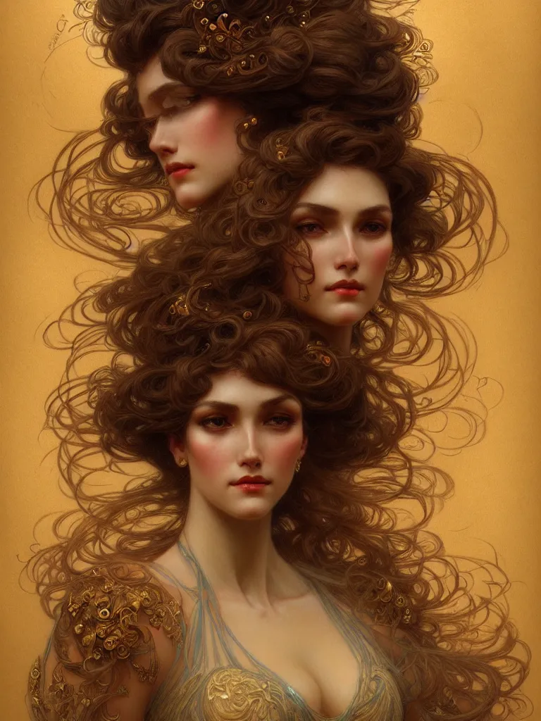 Prompt: character portrait of a woman, tall, feminine, powerful, modestly clothed, voluminous, intricate, elegant, highly detailed, digital painting, artstation, smooth, symmetrical, sharp focus, illustration, art by gaston bussiere and alphone mucha