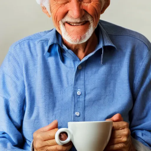 Prompt: https://thumbs.dreamstime.com/b/smiling-old-man-having-coffee-portrait-looking-happy-33471677.jpg