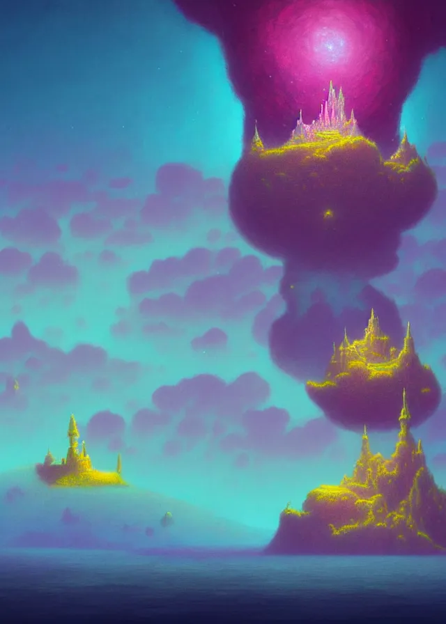 Image similar to an ultra detailed midjourney concept digital art painting of a singular floating island with a castle, flying citadel levitating across space in a misty pearlescent nebula by paul lehr kazumasa uchio situated in a starry expanse of bioluminescent cosmic worlds by beksinski and beeple, ecological art, flying citadel with towers, trending on artstation