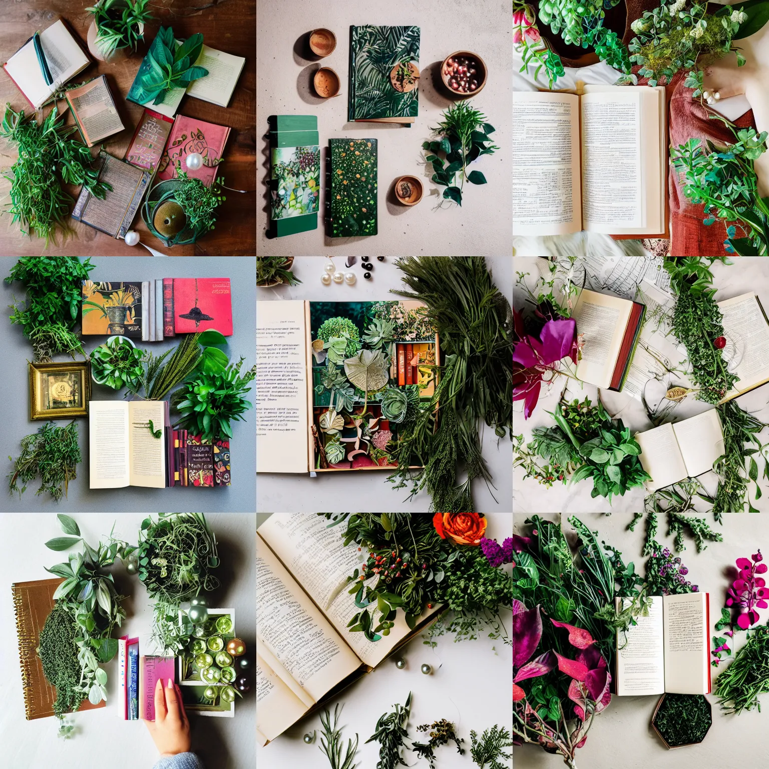 Prompt: flatlay book collection, vivid colors, dramatic lighting, green leaves, bunches of herbs, pearls