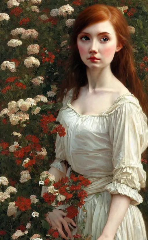 Image similar to a realistic oil painting of a girl resembling karen gillan, covered in flowers, highly detailed, intricate, detailed background, artstation, by mucha, by william adolphe bouguereau, by waterhouse