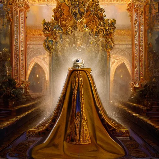 Image similar to kneeling before the pope, royal robe, gold trim, light effect, hyper detailed, intricate, atmospheric, elegant, photorealistic by paul lehr, marco mazzoni, featured on cgsociety, rococo, whimsical, artstation