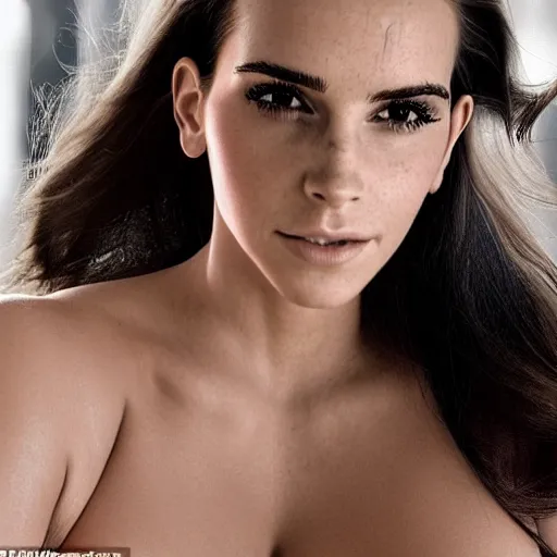 Image similar to a woman who is a genetic combination of kim kardashian and emma watson face and upper - body focus