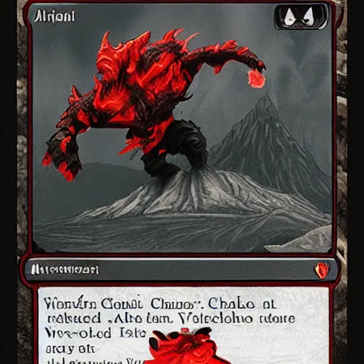 Image similar to a highly detailed red and black obsidian volcanic goblin, like magic the gathering, goblin chainwalker, with a volcano in the background ” w 7 6 8