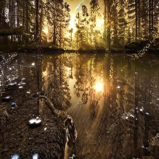 Prompt: bright nordic forest, sparkling spirits, detailed wide shot, water, ground detailed, wet eyes reflecting into eyes reflecting into infinity, beautiful lighting