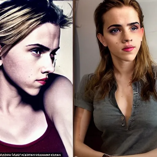 Image similar to a woman who is a genetic combination of scarlett johansson and emma watson face and upper - body focus