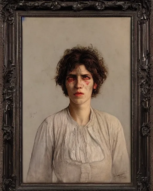 Prompt: a handsome but creepy woman in layers of fear, with haunted eyes and wild hair, 1 9 7 0 s, seventies, wallpaper, a little blood, moonlight showing injuries, delicate embellishments, painterly, offset printing technique, by jules bastien - lepage