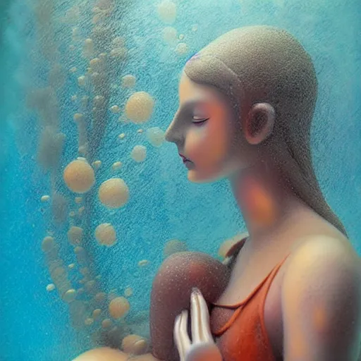 Prompt: rigorous underwater photography, deep depth of field by dorina costras. a sculpture of a young woman holding an orange