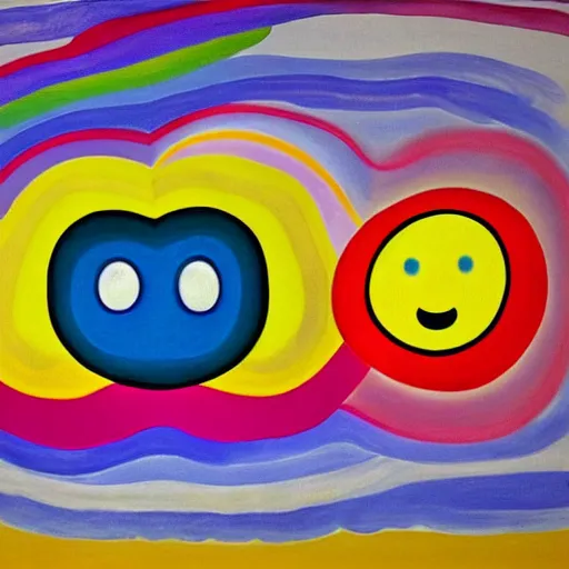 Prompt: clouds with rainbow colors, smiley faces, Edvard Munch, David Hockney, Takashi Murakami, Minimalist,