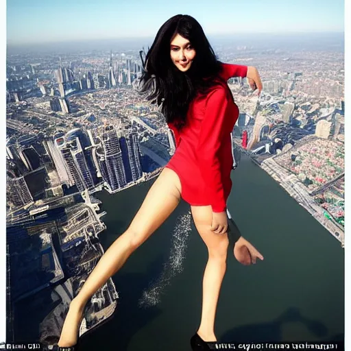 Prompt: Award-winning photography of the most beautiful woman to have ever existed, posing at the top of the world\'s tallest building