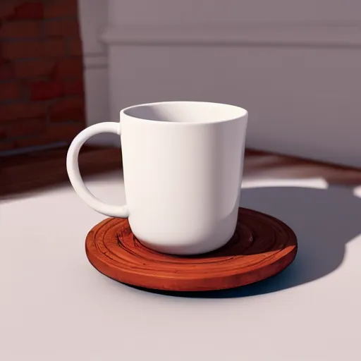 Prompt: White mug, hyperrealism, diffuse shadows, colored lighting, unreal engine 5 tech demo, octane render, Frank Lloyd Wright ((Studio Ghibli))