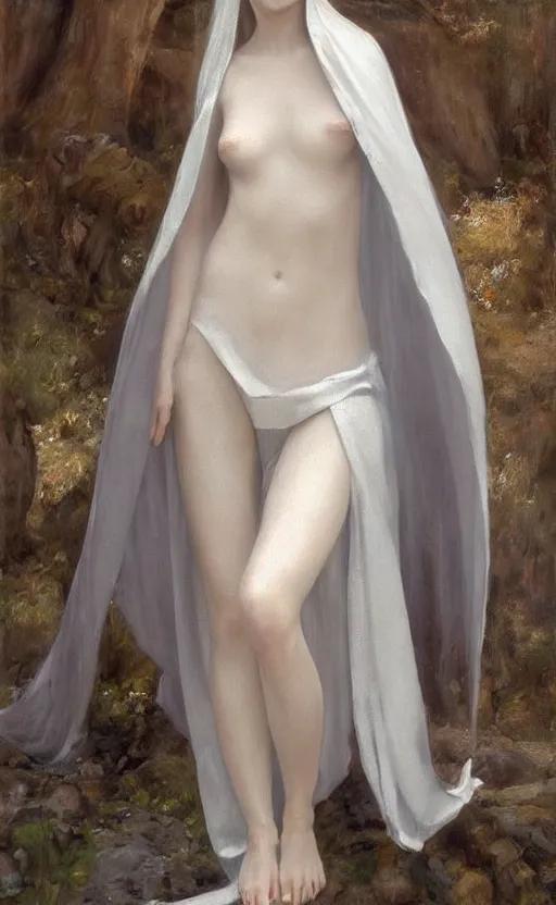 Prompt: who is this angel with silver hair so pale and wan! and thin!?, lone petite female goddess, wearing! robes!! of silver, flowing, pale fair skin!!, young cute face, covered!!, clothed!! lucien levy - dhurmer, jean deville, oil on canvas, 4 k resolution, aesthetic!, mystery