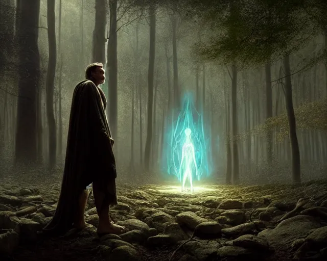 Prompt: photo of liam neeson as a djinn, in a forest. magical atmosphere. art by greg rutkowski. highly detailed 8 k. intricate. lifelike. soft light. nikon d 8 5 0.