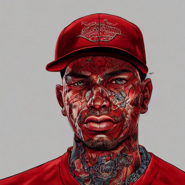 Image similar to the portrait of a los angeles blood's gang member wearing a red baseball cap, an ultrafine hyperdetailed illustration by kim jung gi, irakli nadar, intricate linework, bright colors, final fantasy, unreal engine 5 highly rendered, global illumination, radiant light, detailed and intricate environment