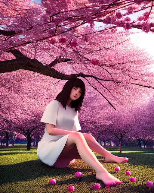 Image similar to a girl sitting in a cherry blossom tree, octane render, 3 d, 8 k