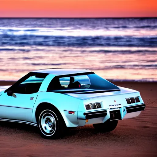 Prompt: side view of a 1984 Chevrolet Corvette on a beach at sunset