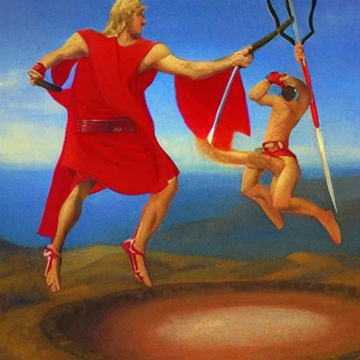 Prompt: “Spartans in battle uniform jumping on trampoline red robe and cape swinging spear swords shield Greece Hercules in the style of Edward hooper”