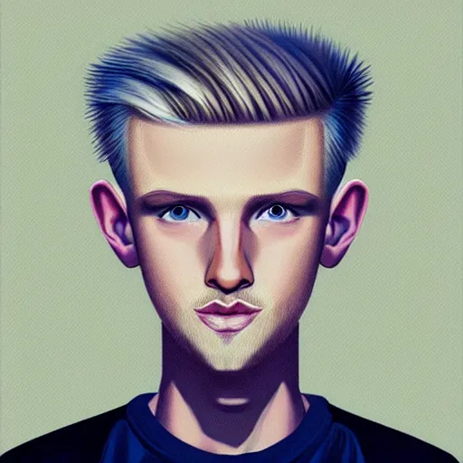 Image similar to thin blond man with blond hair long on top medium down the sides, blond beard, small chin, small nose, thin lips, English heritage, small blue eyes, small ears, pale skin, narrow face, digital art, painterly, cartoon, cute, 8k, illustration, art by loish, painterly, trending on artstation, medium shot, uncropped