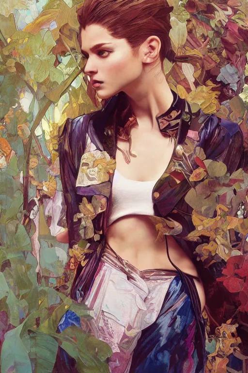 Image similar to an hyper intricate oil painting of gen z model wearing a fashion outfit with a clean t - shirt for mockups, full body ultra fashion model pose by vogue, excellent composition, by yoshitaka amano, by greg rutkowski, by alphonse mucha, by rhads, by ross tran, trending on artstation