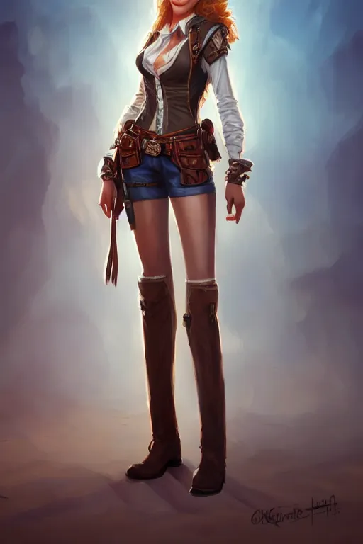 Image similar to full body, katherine mcnamara cowgirl, perfect face, white blouse, holster, 8 k, magic the gathering, desert, d & d, artstation, high detail, smooth, sweaty character concepts by senior concept artist