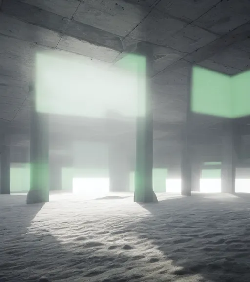 Image similar to the symmetric green cross lights in the artic, volumetric lighting, fog, majestic light, octane render, beauty fog, ethereal glare of the sun, hyperrealistic, epic, masterpiece, by peter zumthor