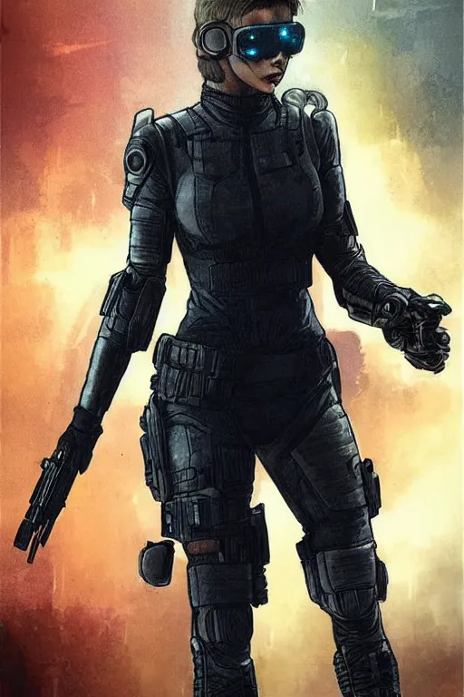 Image similar to Sonya. blackops mercenary in near future tactical gear, stealth suit, and cyberpunk headset. Blade Runner 2049. concept art by James Gurney and Mœbius.