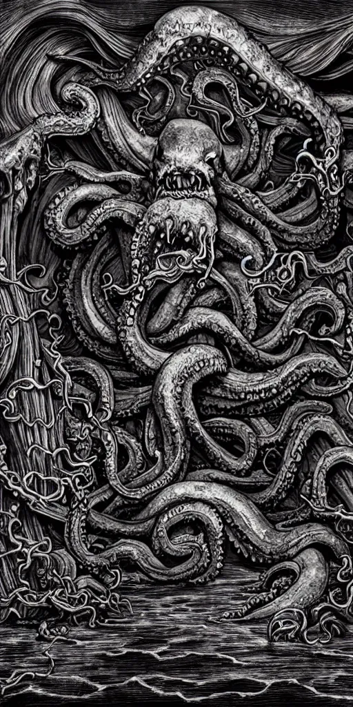 Image similar to extra wide view. Kraken. marvellous magic. Ominous. Gothic medieval baroque. Dry ground cracks. Hyper-detailed. Hyperreal. Photoreal