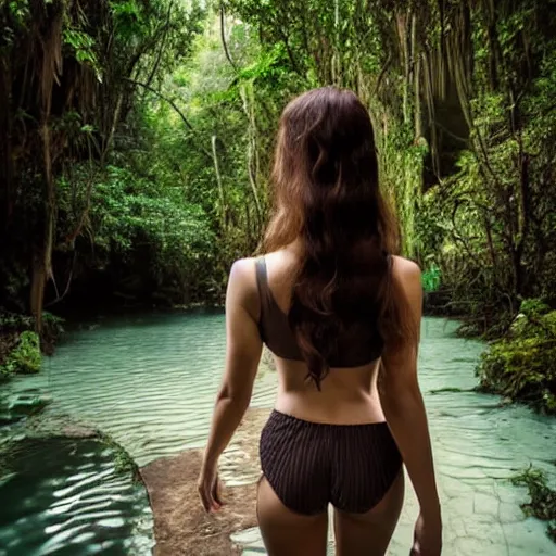 Image similar to beautiful female model, symmetric photo, back view, walking into a cenote in a lush jungle, vintage photograph, long wavy brunette hair, faded