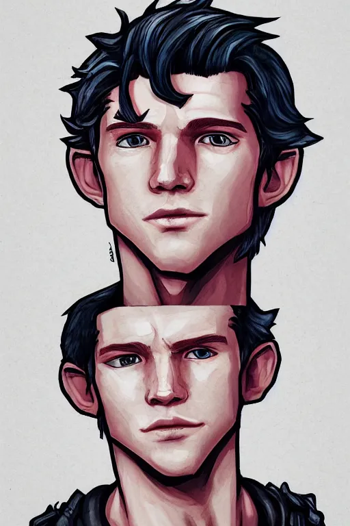 Image similar to an in game portrait of tom holland from hades, art by jen zee.