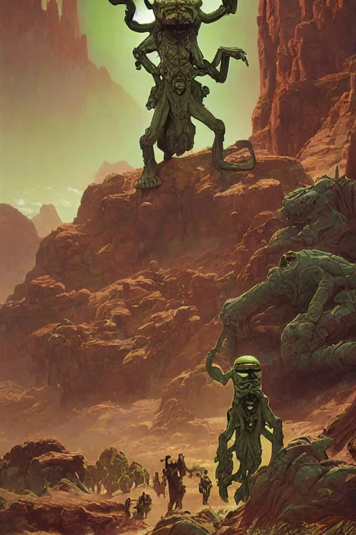 Image similar to A green martian with tusks and four arms, Martian landscape by Stanley Artgerm Lau, greg rutkowski, thomas kindkade, alphonse mucha, loish, norman Rockwell