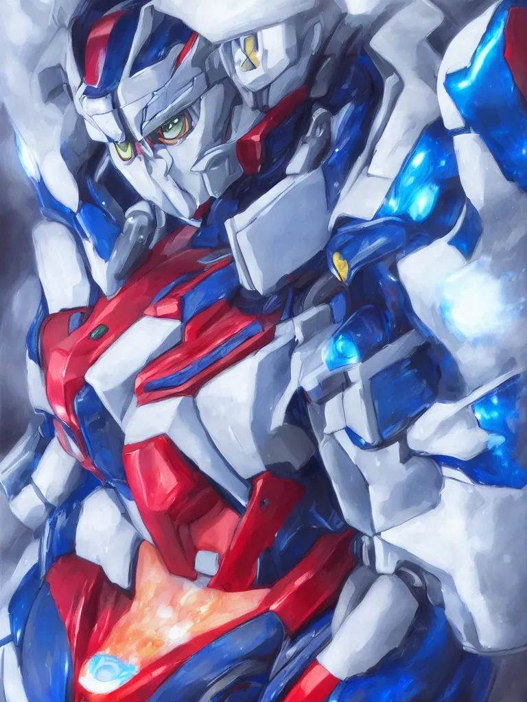 Prompt: A realistic anime portrait of a man in a Gundam suit with glowing blue, digital painting, by Stanley Artgerm Lau, Sakimichan, WLOP and Rossdraws, digtial painting, trending on ArtStation, SFW version