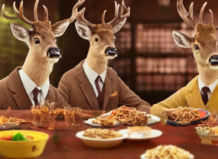 Image similar to a very high resolution image from a new movie, two deer wearing suits are eat instant noodles in a shabby temple