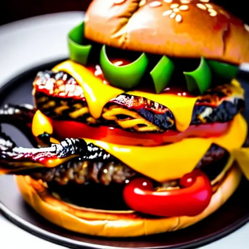 Prompt: The ultimate double cheeseburger with extra unagi, on a hand carved cherrywood plate. Perfect photography.