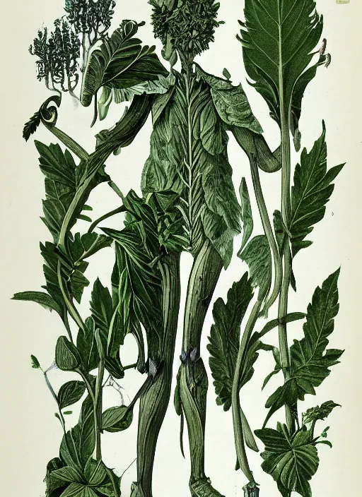 Image similar to fantasy scientific botanical illustration of a green tall plant walking around with human legs