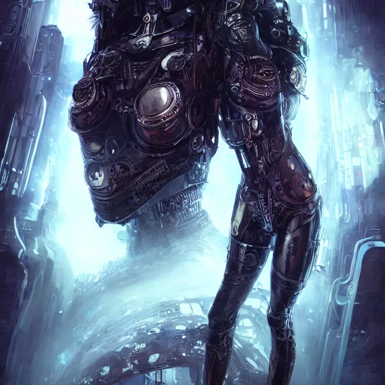 Prompt: cybernetic priestess, cyberpunk, gothic, fantasy, science fiction, character concept art, painting, hyperdetailed, realistic, creepy, atmospheric, cinematic, kinemacolor