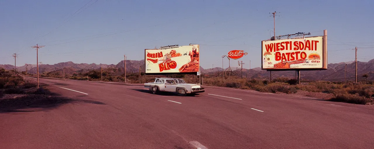 Image similar to spaghetti billboard advertisement, highway 5 0, arizona, sunset, canon 2 0 mm, f 1. 8, kodachrome, in the style of wes anderson