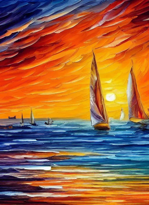 Image similar to beautiful seaside greek sunset with sailboats in the style of leonid afremov