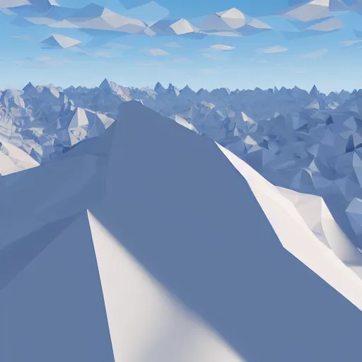 Prompt: low poly mountain range, epic view, snowy