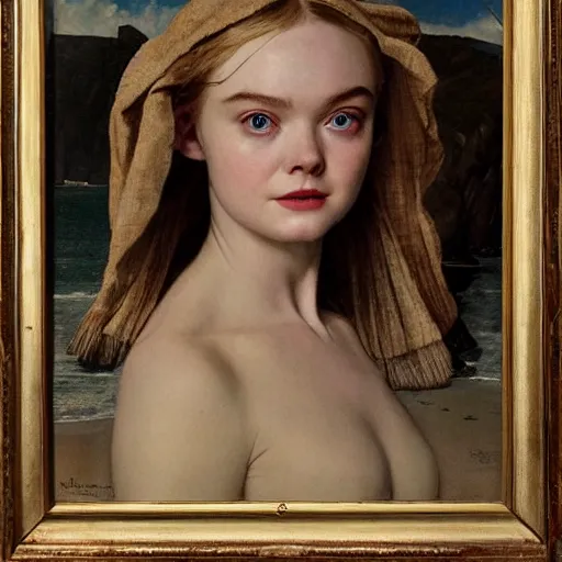 Prompt: Elle Fanning in a black robe holding a skull on the beach, head and shoulders portrait, stormy weather, extremely detailed masterpiece, Roger Deakin’s cinematography, oil on canvas, Norman Rockwell,