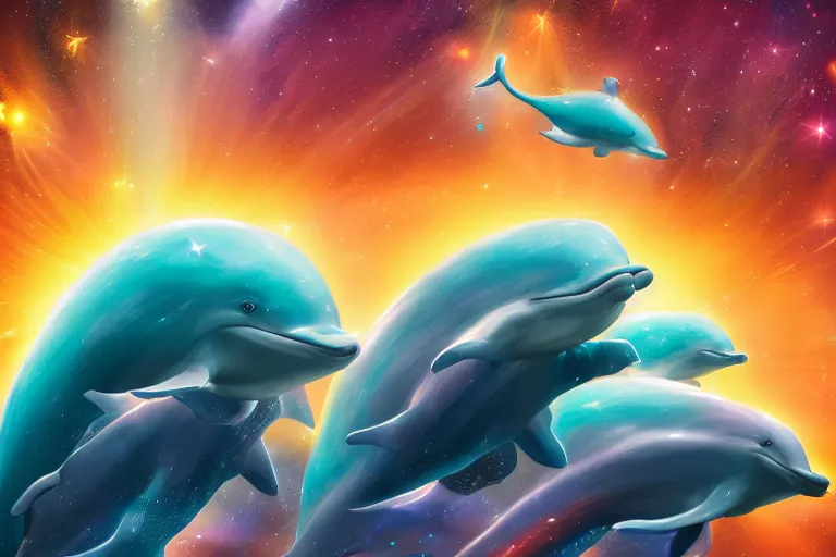 Prompt: a group of cosmic dolphins jumping out of a cosmic ocean in space, epic composition, 4 k
